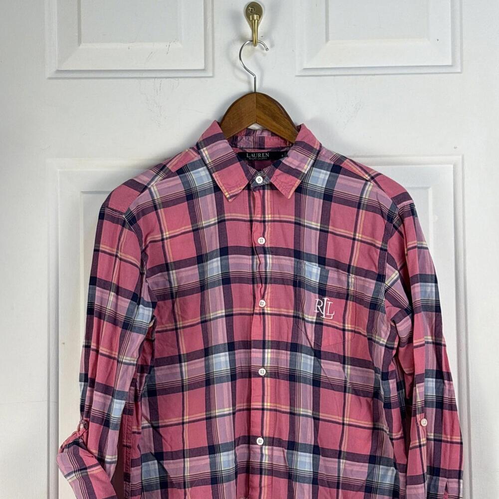 Lauren Ralph Lauren pink plaid tunic length button down shirt‎  dress size Small
